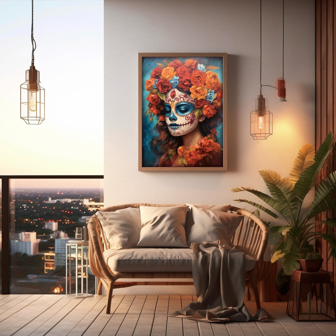 Catrina Marigold Crown Blue Background Day of Dead Art Poster - Image 4