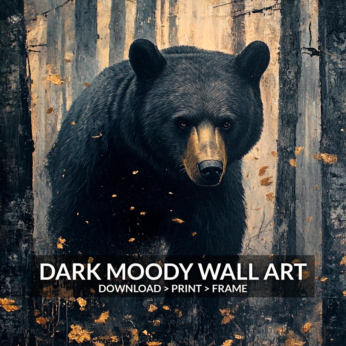 Black Bear Walking Moody Autumn Forest Wildlife Painting Wall Art - Image 6