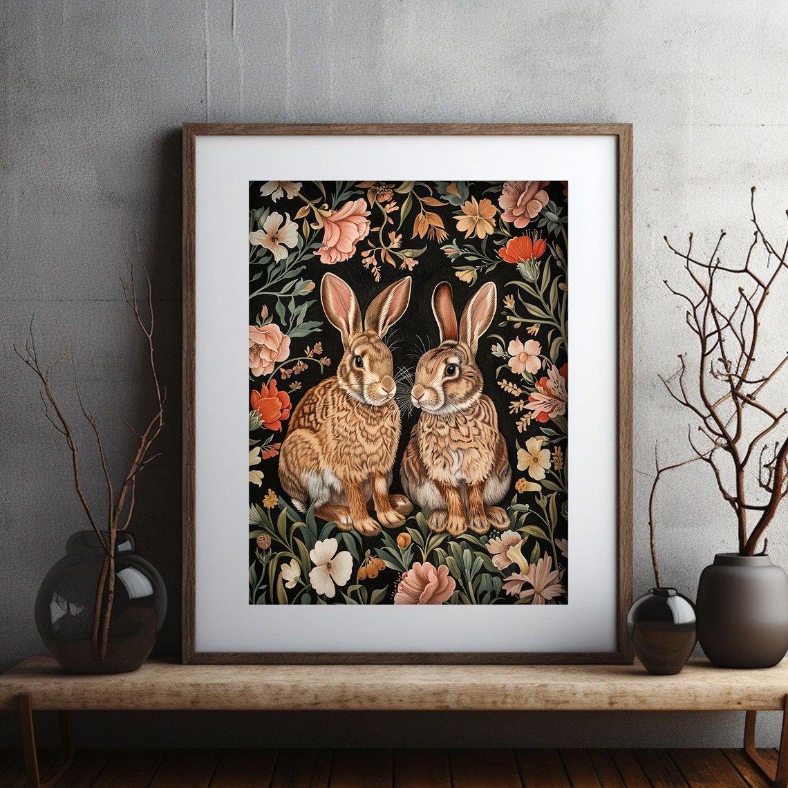 Two Bunny Rabbits Floral Vintage Style Dark Garden Painting Poster - Image 2