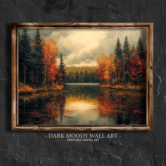 Serene Autumn Lake Mirrored Forest Reflections Vintage Landscape Painting Poster