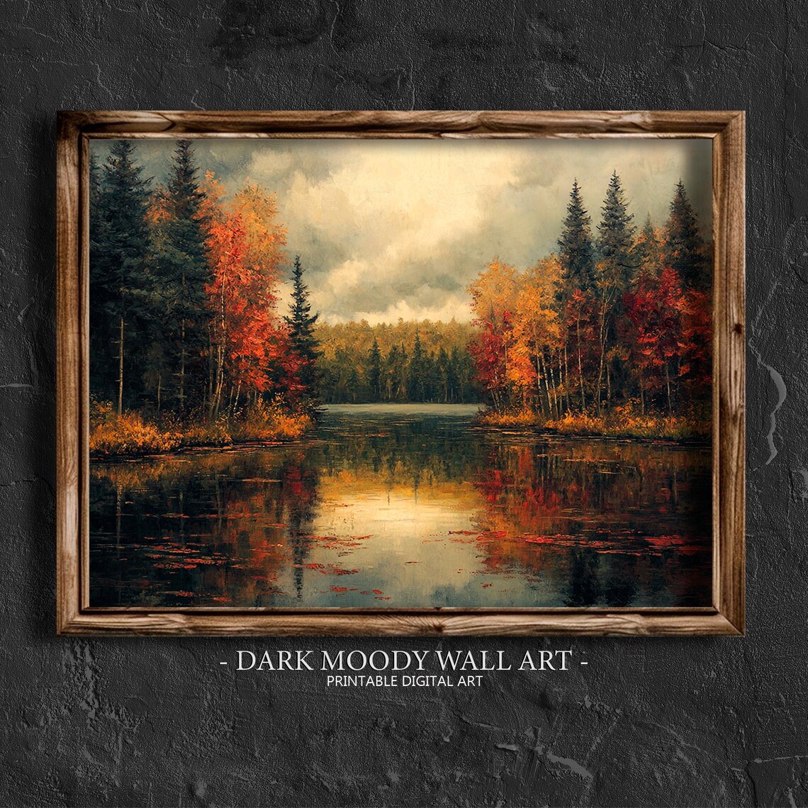 Serene Autumn Lake Mirrored Forest Reflections Vintage Landscape Painting Poster