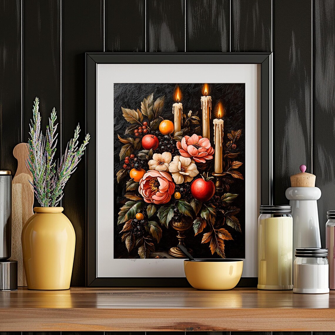 Flowers Candles Fruit Dark Moody Still Life Oil Art Decor Poster - Image 4