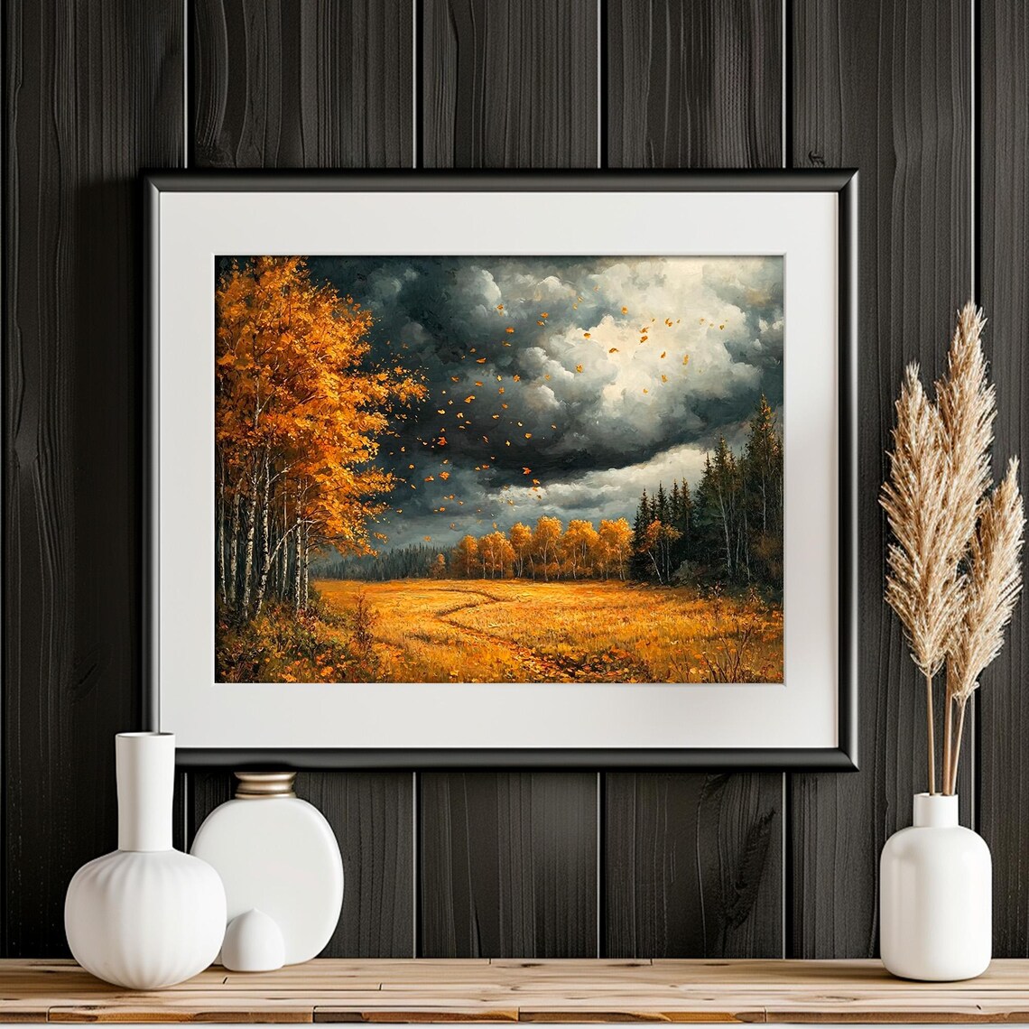 Golden Birch Forest Wind Storm Clouds Swirling Leaves Moody Landscape Poster - Image 2