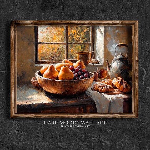 Autumn Pears And Grapes Kitchen Still Life Oil Painting Wall Art