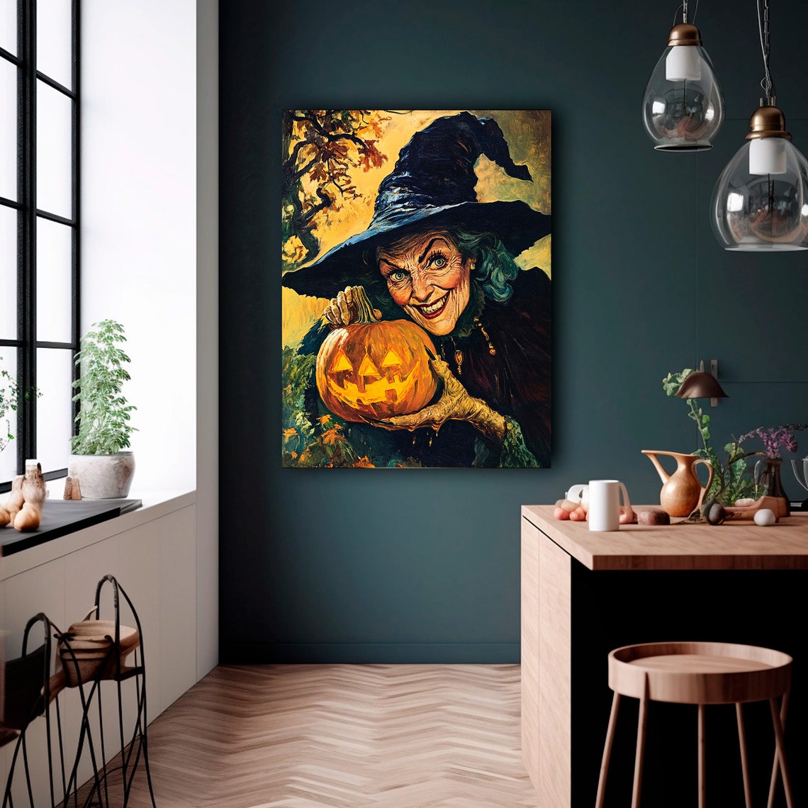 Old Witch Holding Glowing Jack O Lantern Vintage Halloween Poster - Image 3