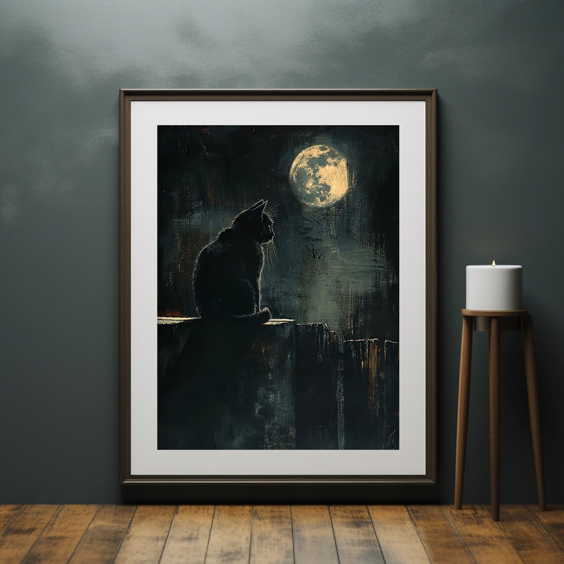 Black Cat Full Moon Night Fence Silhouette Moody Painting Poster - Image 6