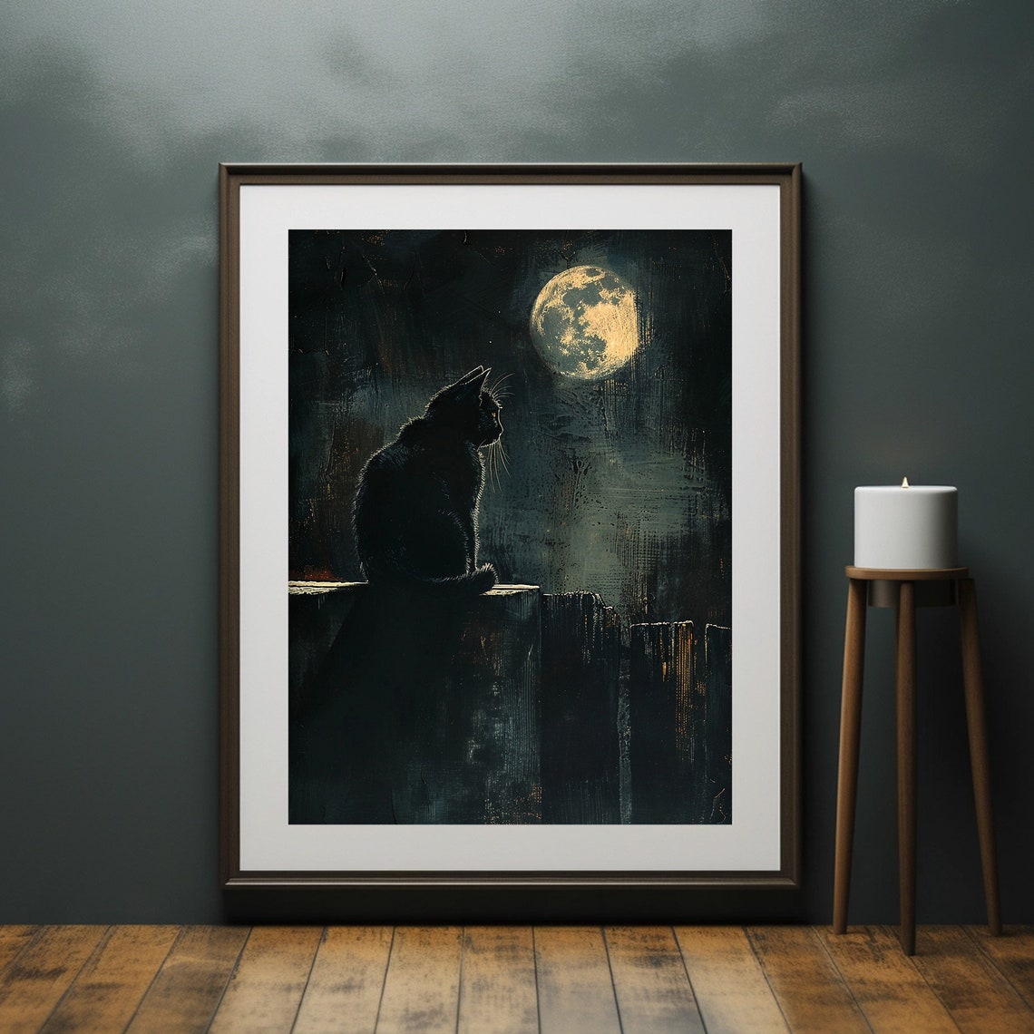 Full Moon Print Moonlight Cat Painting Dark Moody Art Black Background Art - Image 6