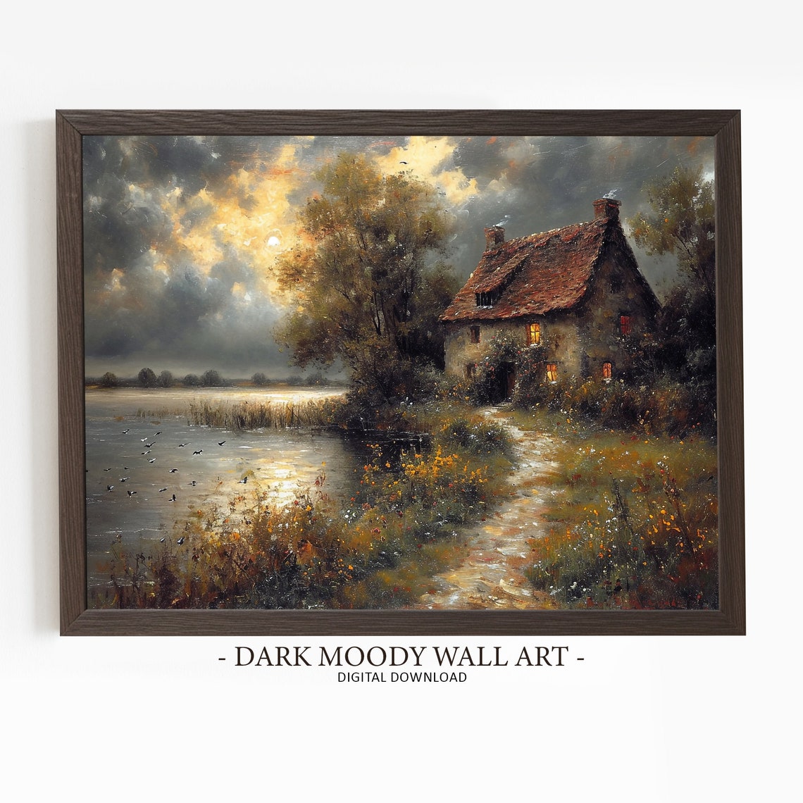 Sunset Cottage Print Moody Lake House Wall Art Dark Cottagecore Art Relaxing Rustic Wall Decor