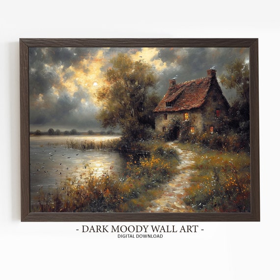 Sunset Cottage Print Moody Lake House Wall Art Dark Cottagecore Art Relaxing Rustic Wall Decor