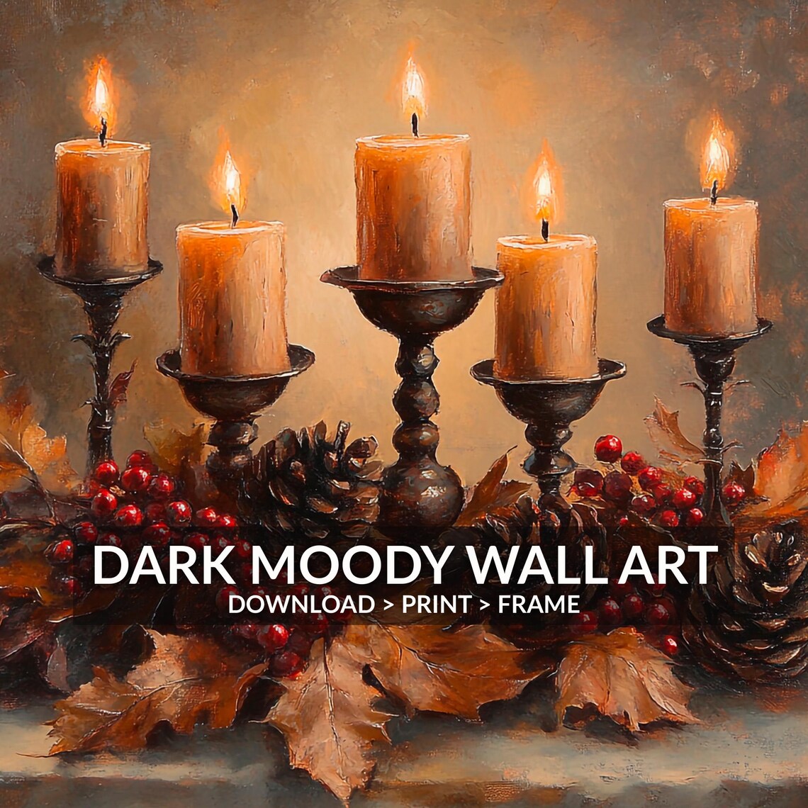 Five Lit Candles With Autumn Leaves Pinecones Berries Cozy Fall Painting Poster - Image 2
