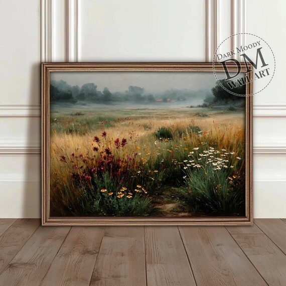 Misty English Countryside Meadow Wildflowers Rustic Landscape Poster