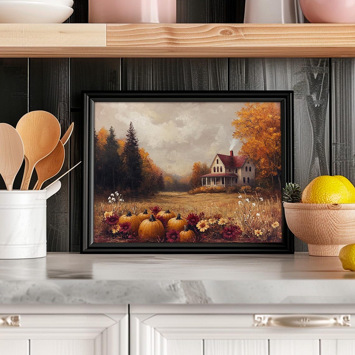 Moody Pumpkin Farm House Autumn Landscape Fall Harvest Poster - Image 4