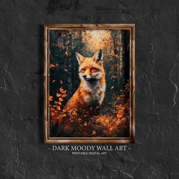 Fall Prints Fox In The Forest Art Rustic Autumn Landscape Painting Moody Fall Wall Art Autumn Cottagecore Decor Animal Print