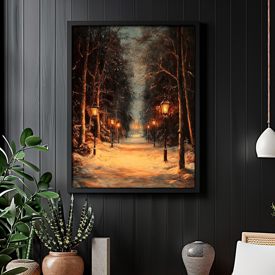 Snowy Lamplit Park Avenue Winter Night Vintage Painting Poster - Image 5