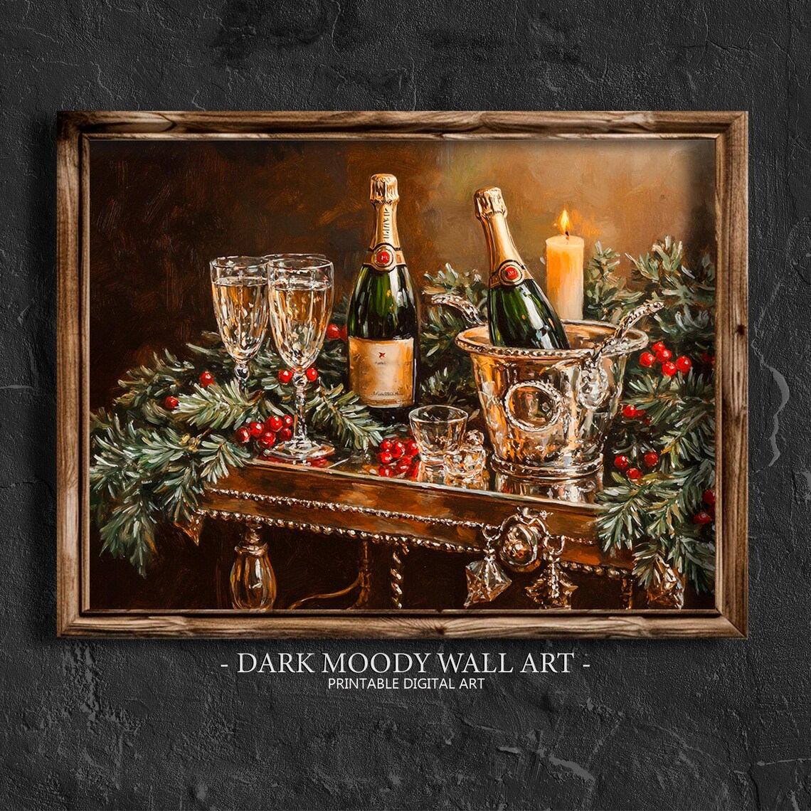 Champagne Bottles in Ice Bucket With Glasses Holiday Wall Art
