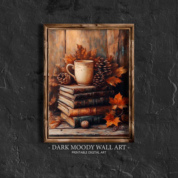 Rustic Fall Decor Wall Art Coffee Fall Book Stack Art Moody Wall Art Vintage Autumn Art Painting Dark Academia Thanksgiving Decor