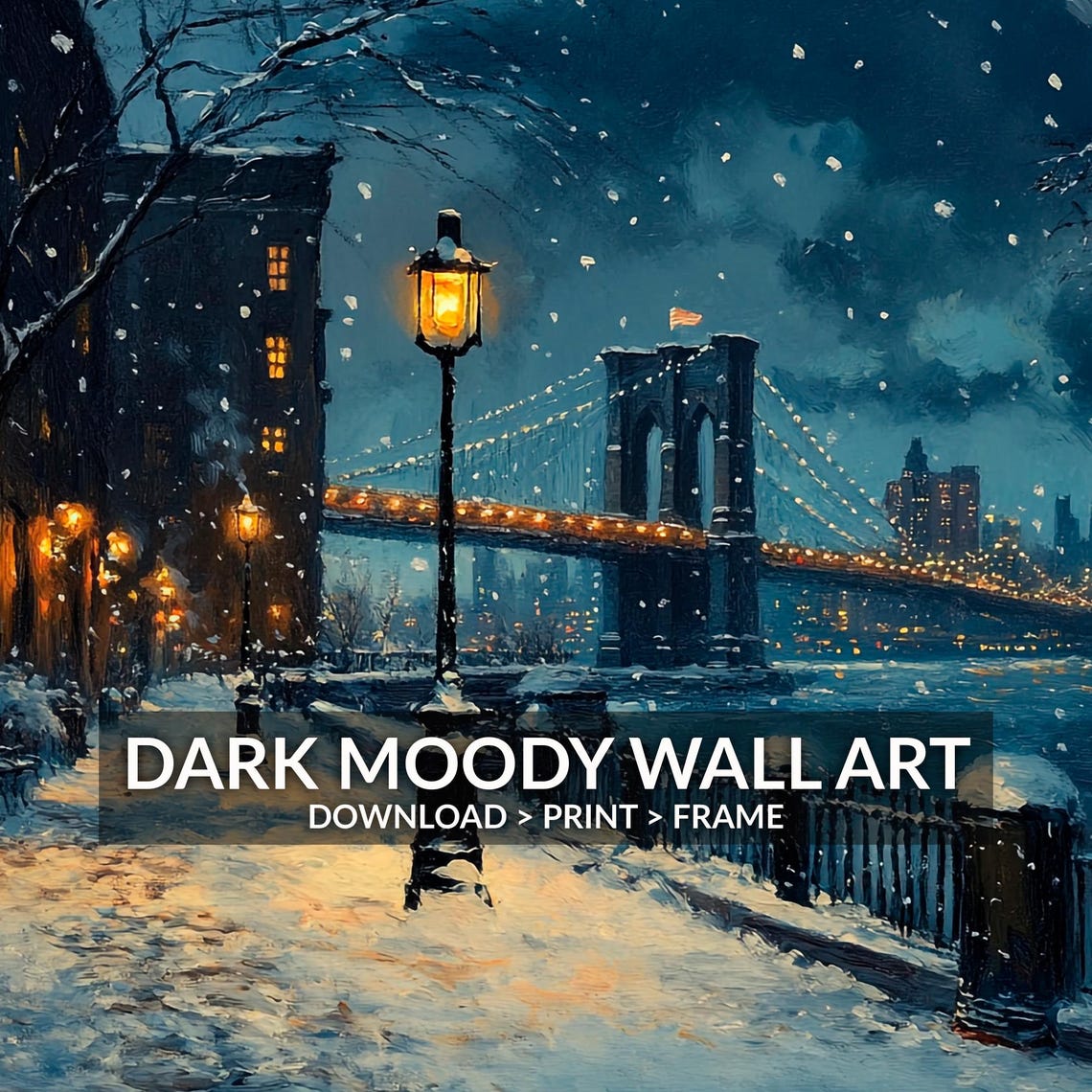 Brooklyn Bridge Night Snowy Riverside Promenade Lights Poster - Image 6