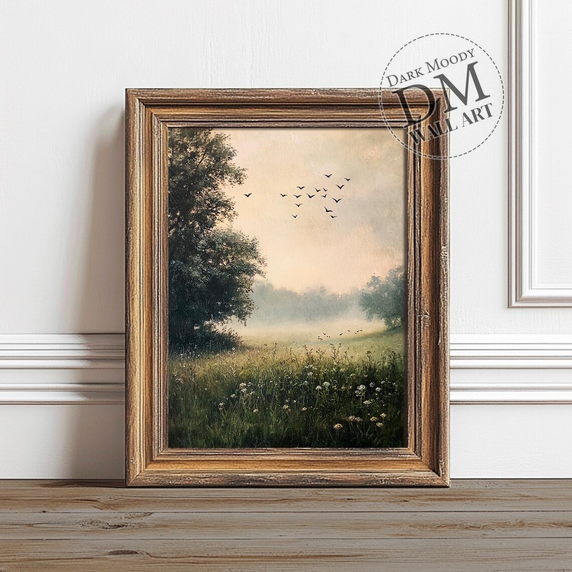 Misty Morning Meadow Poster Birds Flying Wildflower Field Painting