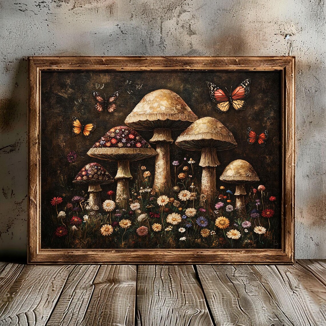 Enchanted Mushroom Forest Butterflies Wildflowers Dark Botanical Poster - Image 5
