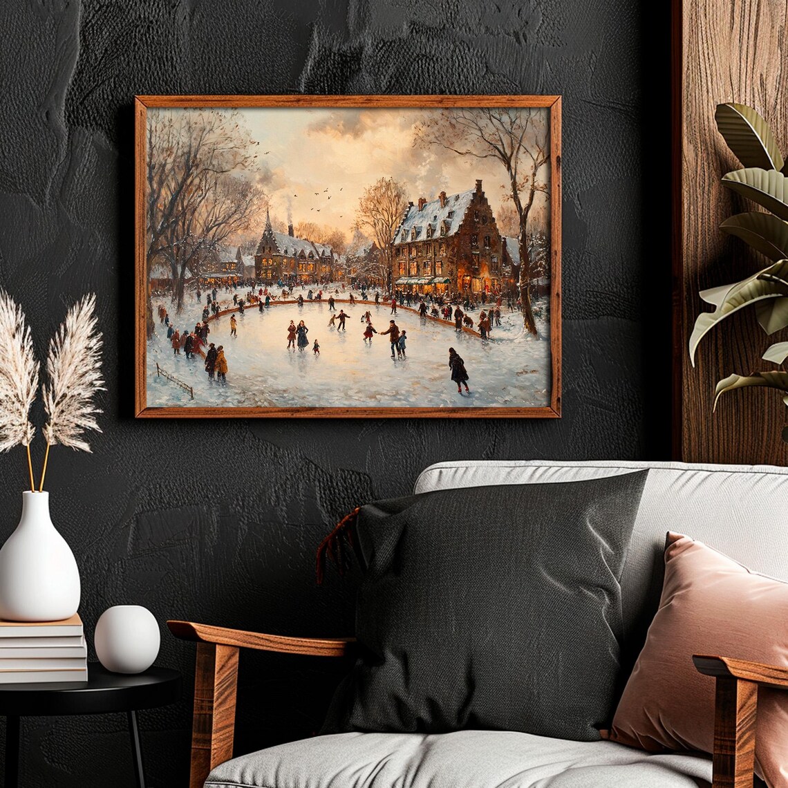 Victorian Ice Skating Village Scene Vintage Winter Painting Poster - Image 2