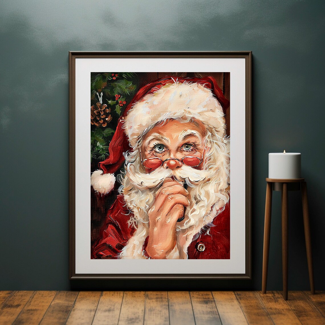 Santa Face Portrait Shushing Finger Pinecones Vintage Christmas Poster - Image 4