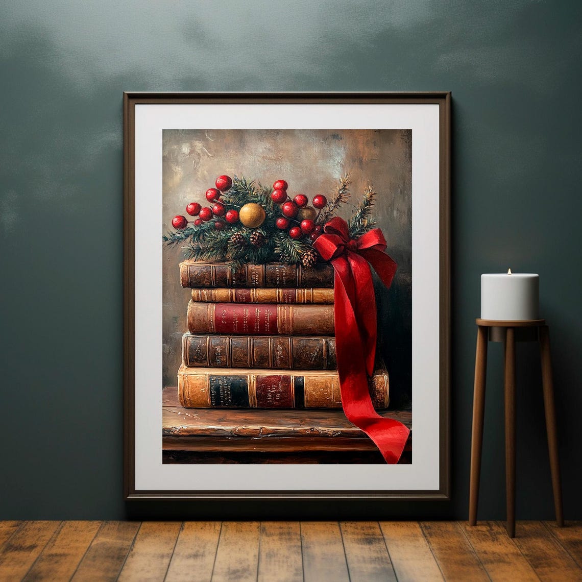 Stack of Vintage Books Tied With Red Ribbon Christmas Wall Art - Image 2