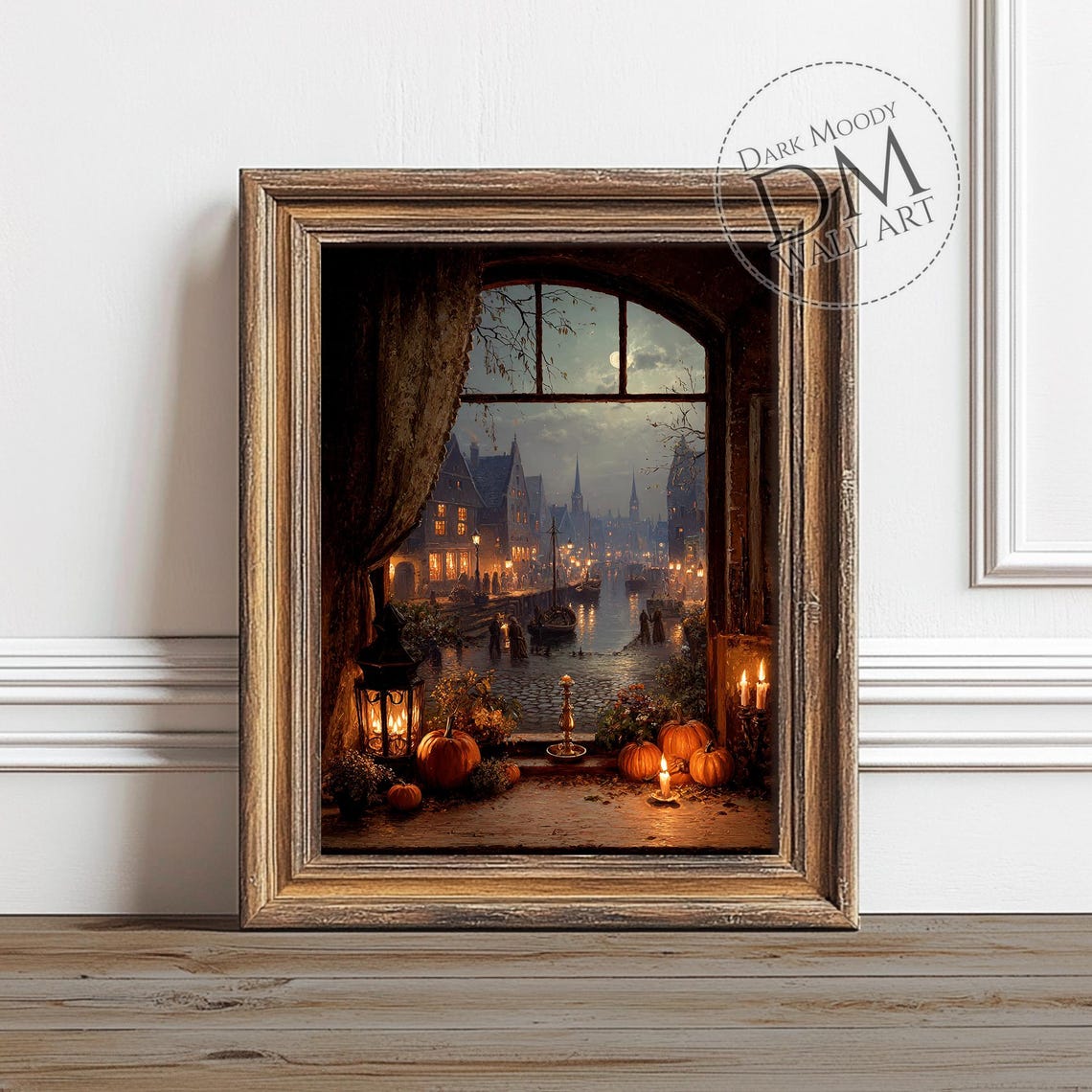 Gothic Pumpkin Window Moonlit Canal Halloween Night Wall Art