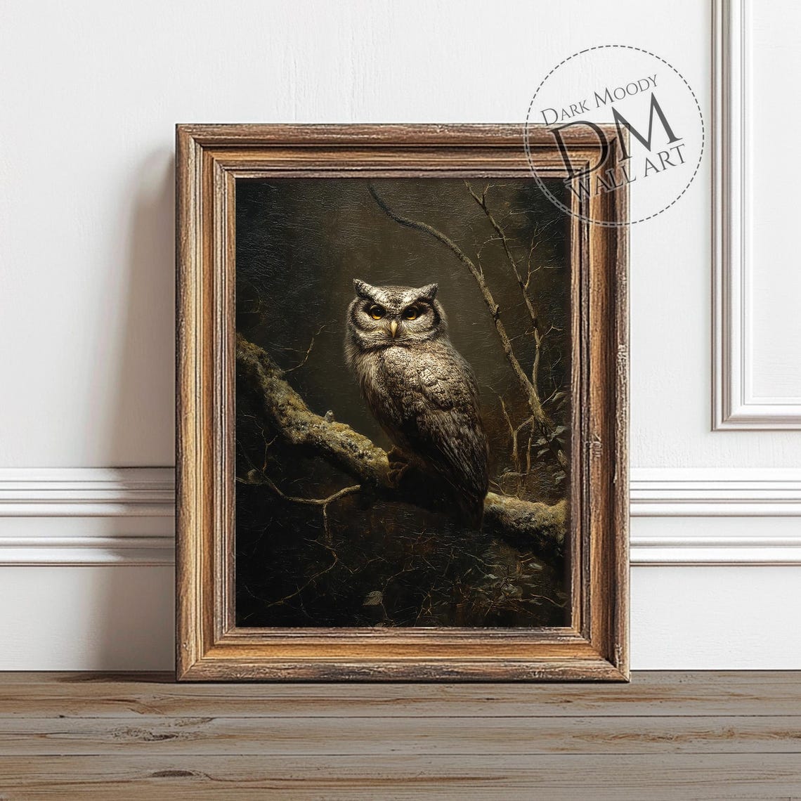 Great Horned Owl On Branch Dark Moody Forest Oil Style Art Print
