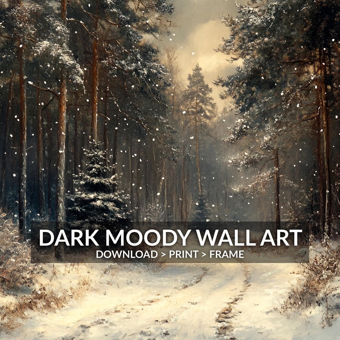 Vintage Moody Snowy Dark Forest Landscape Art Print - Image 6