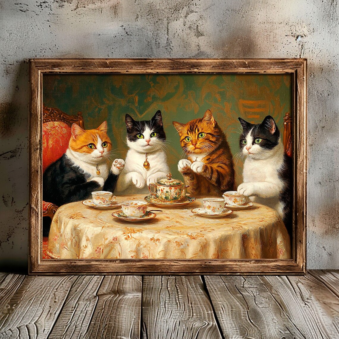 Cat Tea Party Vintage Cottagecore Art Print - Image 2