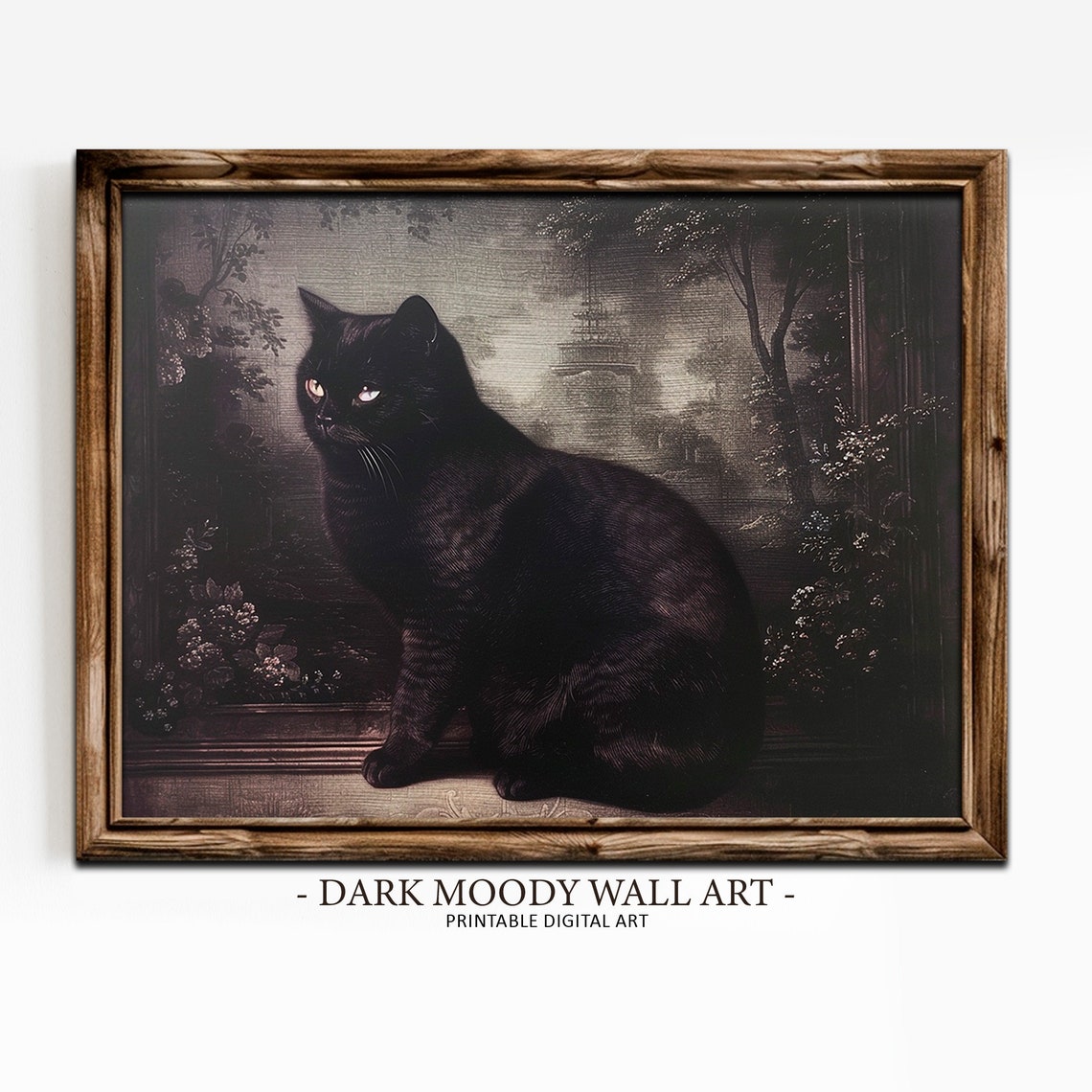 Black Cat Portrait Vintage Dark Moody Painting Antique Style Wall Art