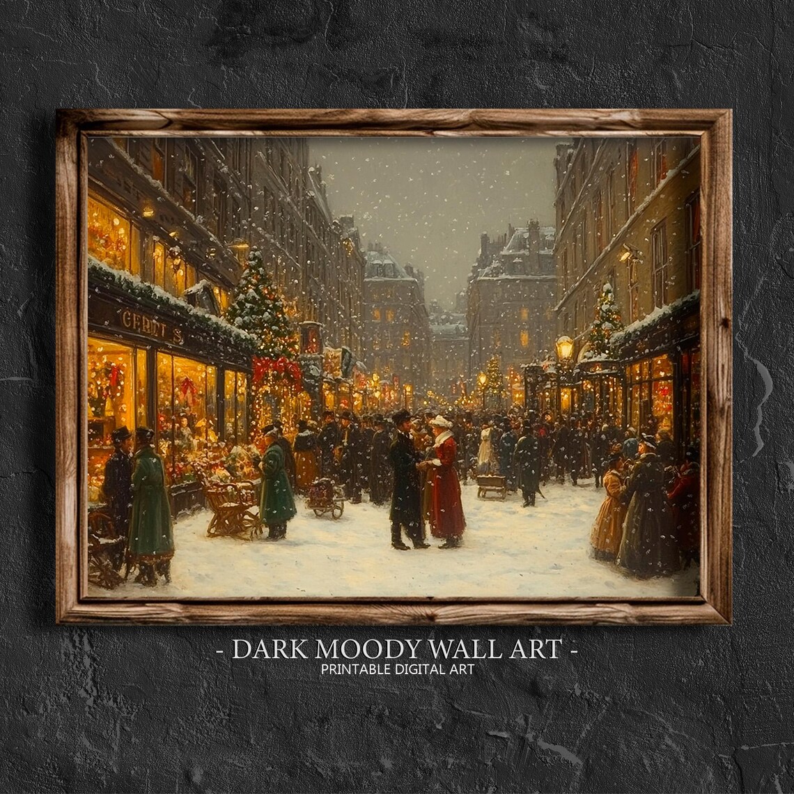 Victorian Holiday Street Glowing Shops Snowy Evening Scene Poster