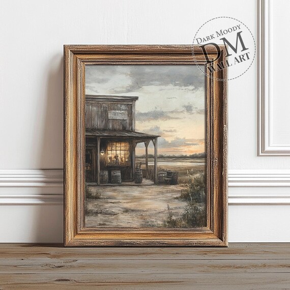 Old Western Saloon General Store Sunset Prairie Frontier Poster