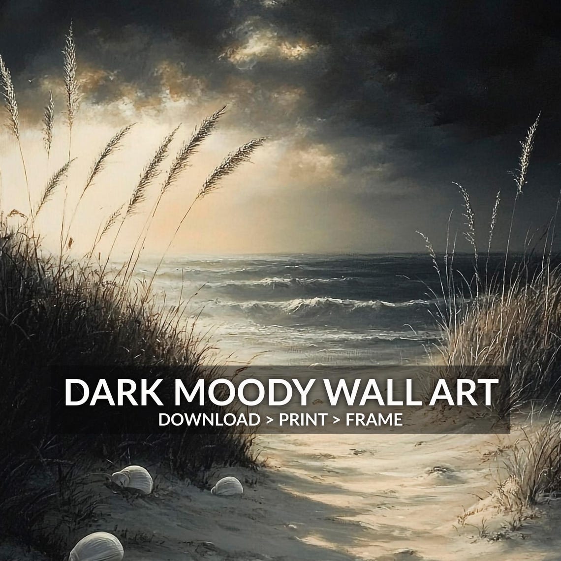 Sand Dunes Print Coastal Beach Wall Art Dark Moody Wildflower Painting - Image 6
