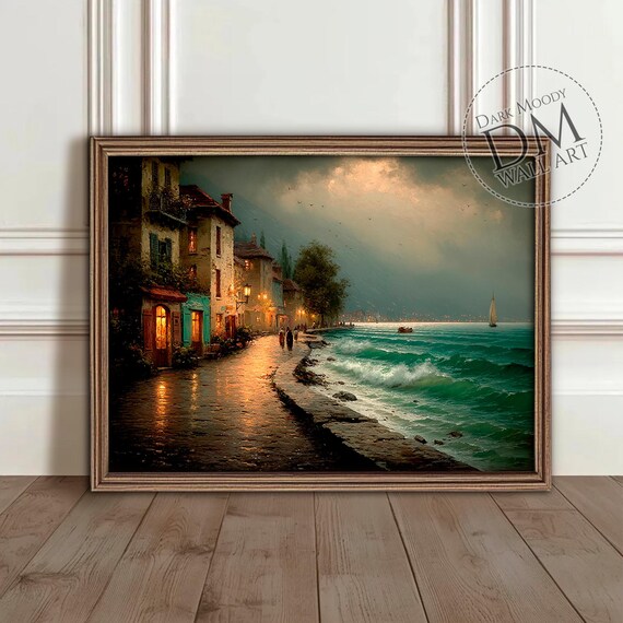 Italian Coastal Village Street Evening Lamps Seaside Waves Poster