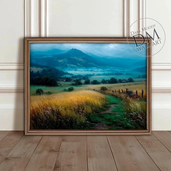 Irish Countryside Golden Path Moody Mountain Meadow Oil Art Print