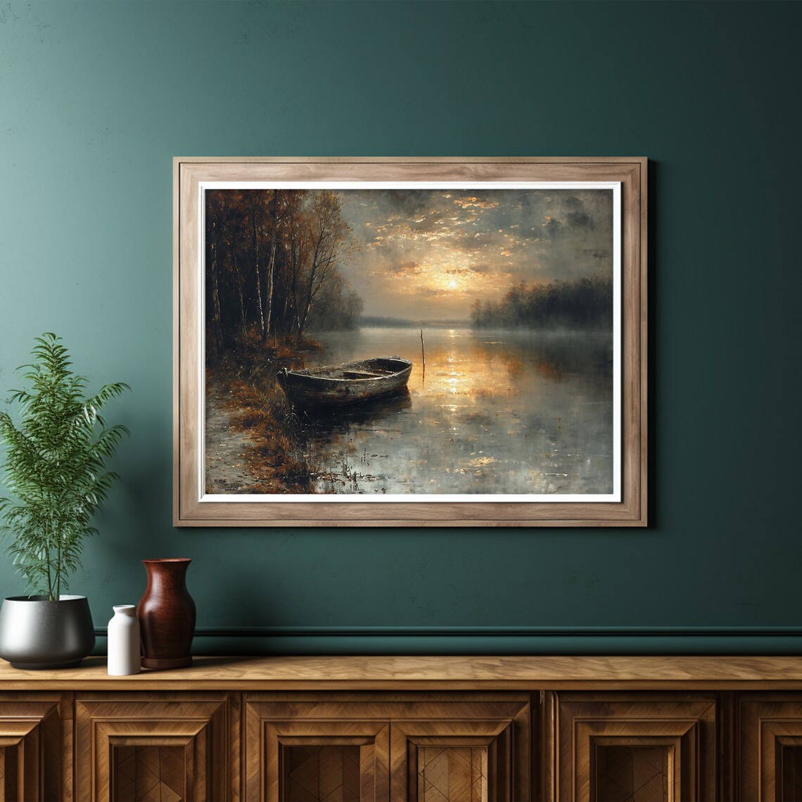 Rowboat Foggy Lake Sunrise Misty Golden Water Landscape Poster - Image 6