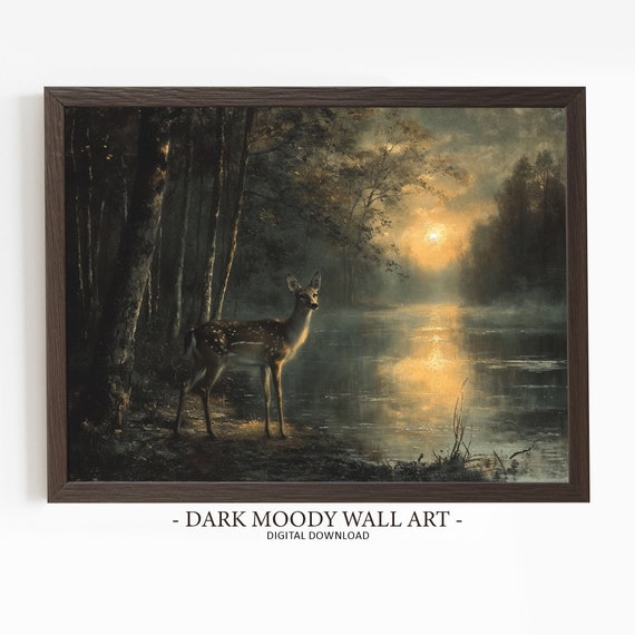 Moody Landscape Prints Deer On Lake Painting Foggy Forest Print Dark Cottagecore Moonlight Art Rustic Wall Decor