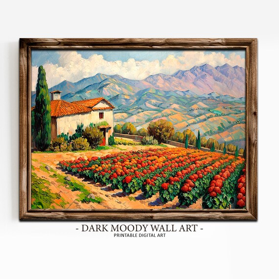 Rustic Farmhouse Red Flower Field Mountain View Countryside Wall Art