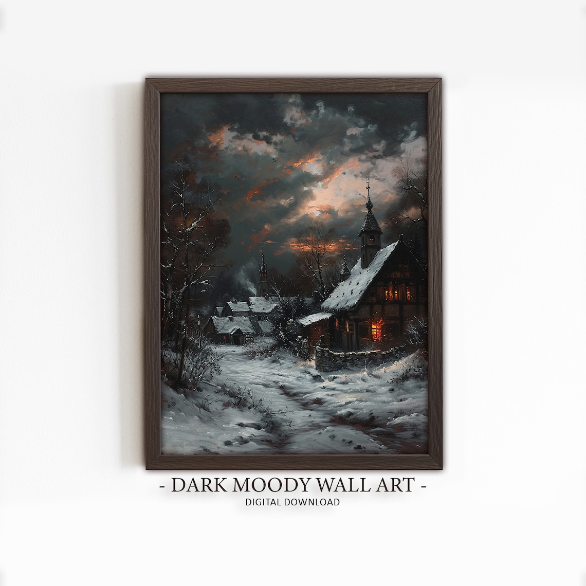 Dark Winter Village, Moody Christmas Rustic Art