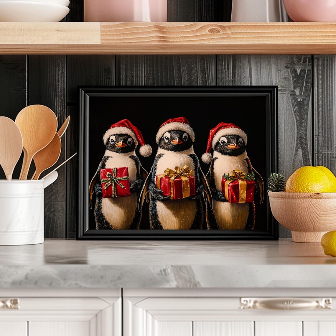 Penguins in Santa Hats Holding Gifts Vintage Christmas Poster - Image 6