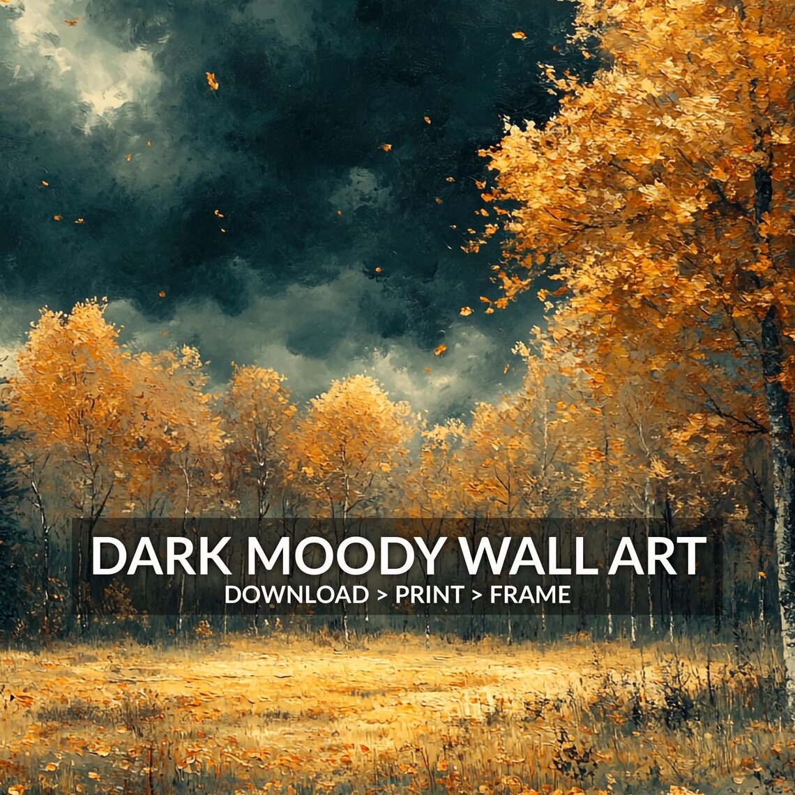 Golden Birch Forest Dark Stormy Sky Falling Leaves Moody Painting Poster - Image 3