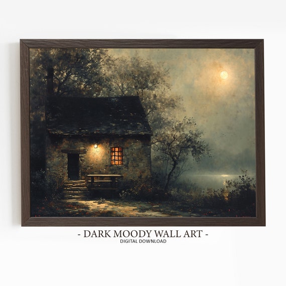 Farmhouse Cottage Dark Moody Wall Art Dark Forest Print Moody Landscape Painting Dark Cottagecore Print Rustic Wall Decor