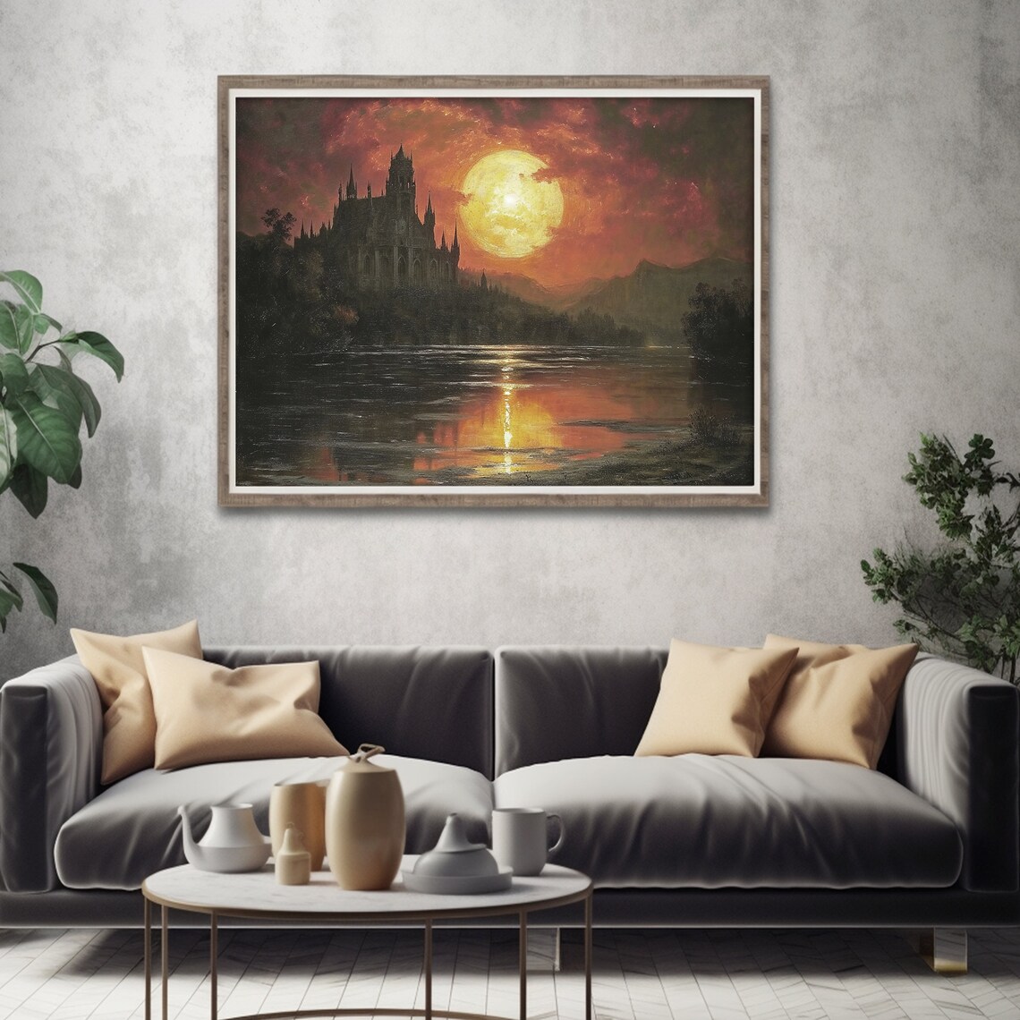 Medieval Castle Under Giant Blood Red Moon Over Lake Gothic Night Painting Poster - Image 5