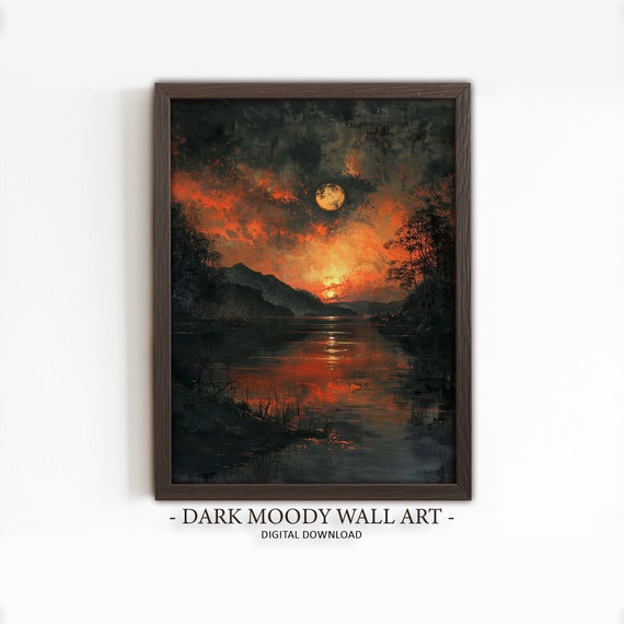 Sunset And Full Moon Painting Lake Landscape Print Dark Moody Art