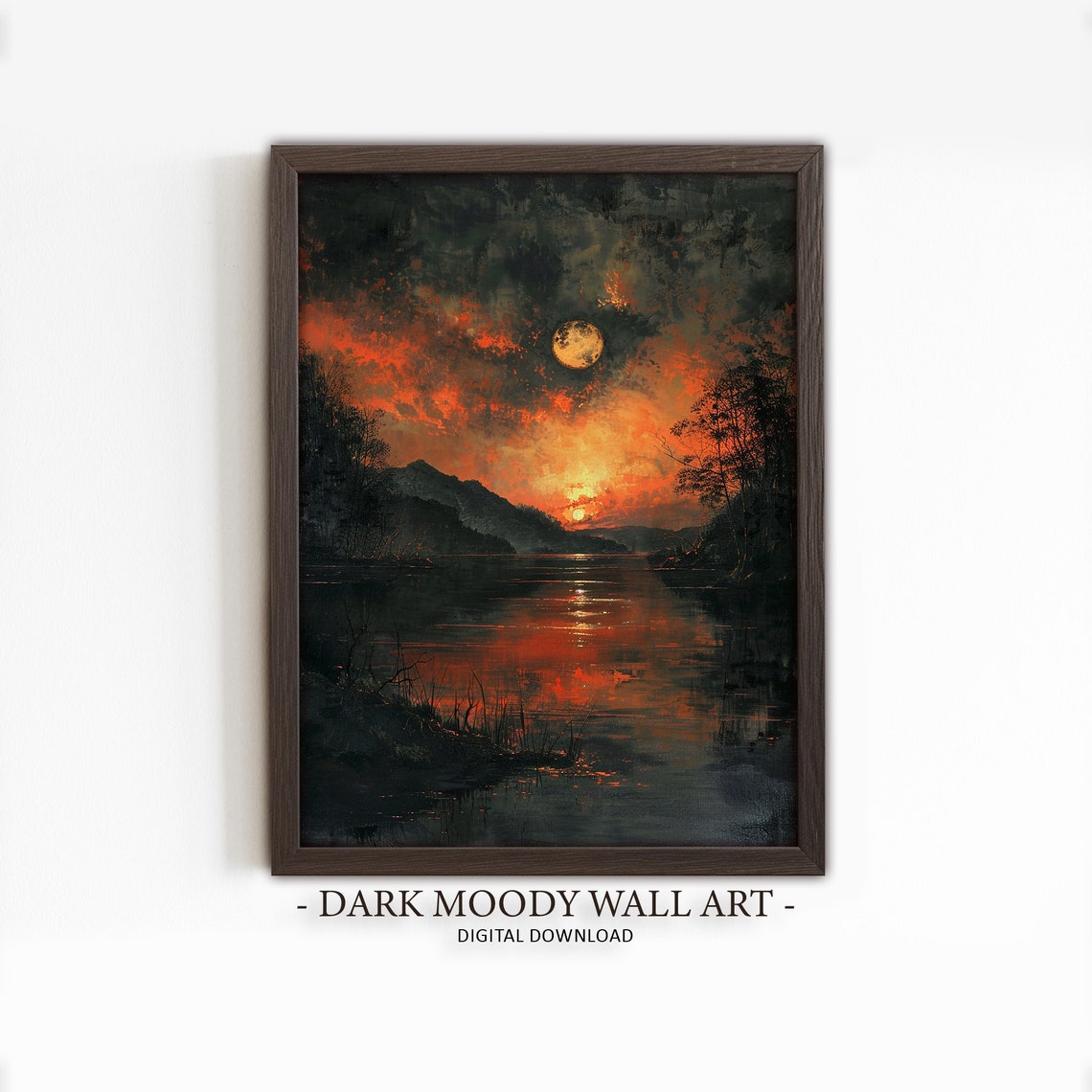 Fiery Sunset Lake Full Moon Reflection Dark Moody Painting Poster