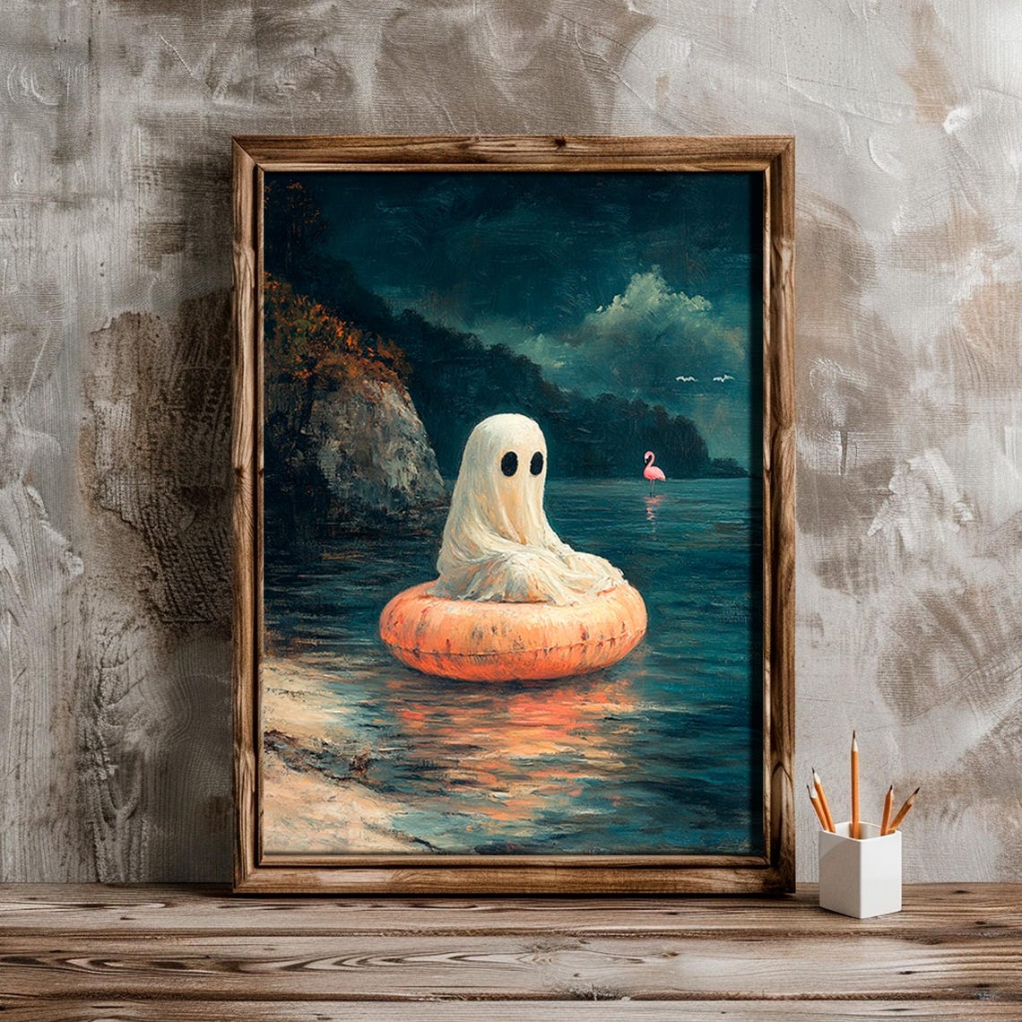 Lonely Ghost Swim Ring Dark Moody Night Ocean Halloween Wall Art - Image 2