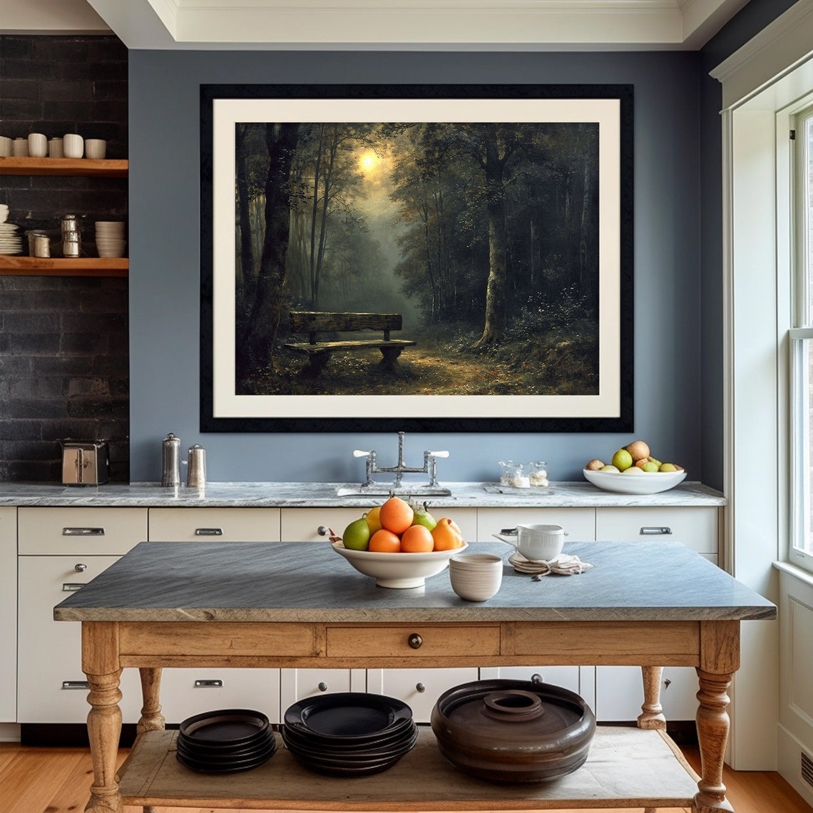 Empty Bench In Foggy Forest Night Dark Moody Woods Painting Poster - Image 2