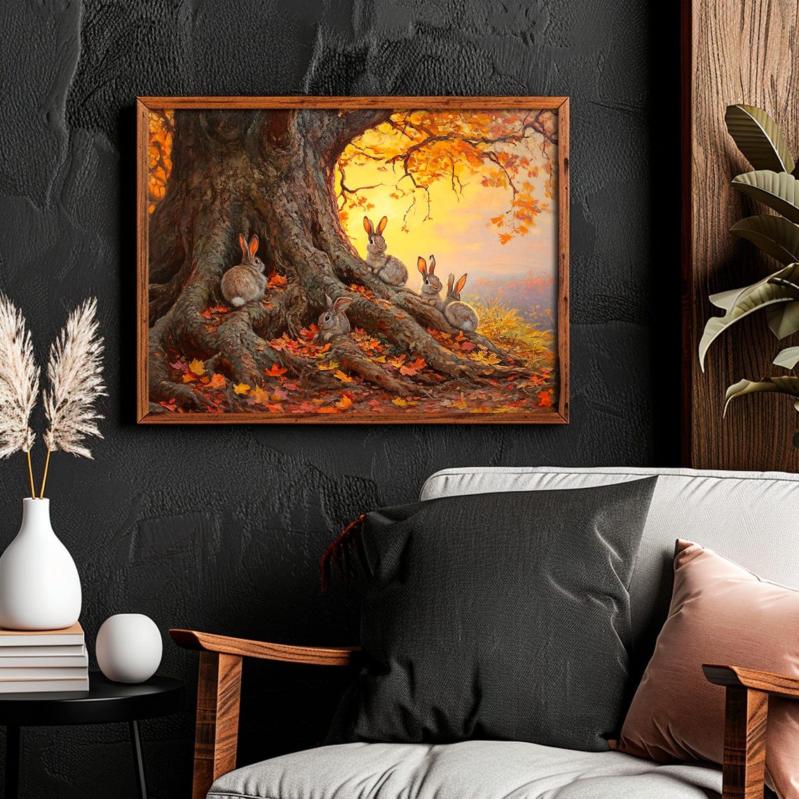 Fall Prints Bunny Rabbits Under Tree Rustic Autumn Landscape Painting Moody Fall Wall Art Autumn Thanksgiving Decor Hare Art - Image 6