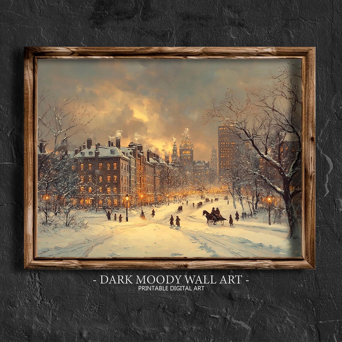 Victorian Snowy Avenue Townhouses Dusk Carriage Ride View Poster